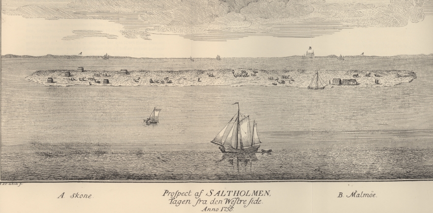 Saltholm set fra Amager. Gengivelse fra Laurids de Thurah: Amager og Saltholm, 1756.