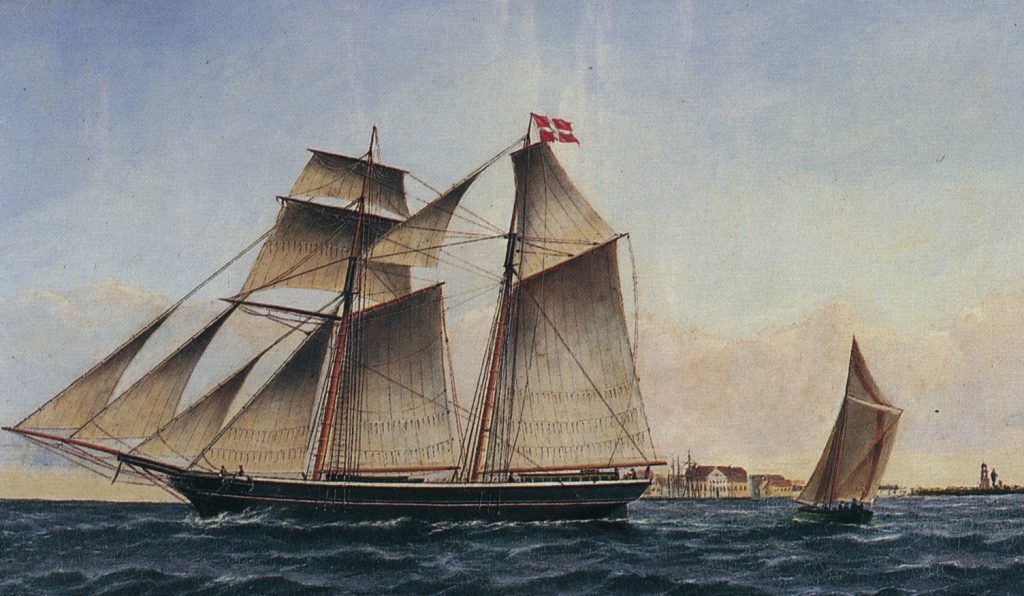 Skonnerten Fædres Minde, Maleri udført af P. Foss. 1879.