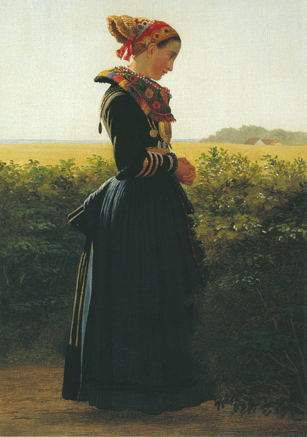 Julius Exners maleri: En brud fra Hollænderbyen. Ca. 1867. Tilhører Museum Amager.