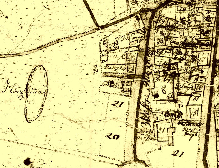 Kort over Store Magleby omkring 1809. Til venstre ses "Hørhuus" og det tilhørende vandul, Brydevælen.