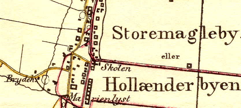 Kort fra 1843, hvor Brydehuset er markeret vest for selve Store Magleby landsb