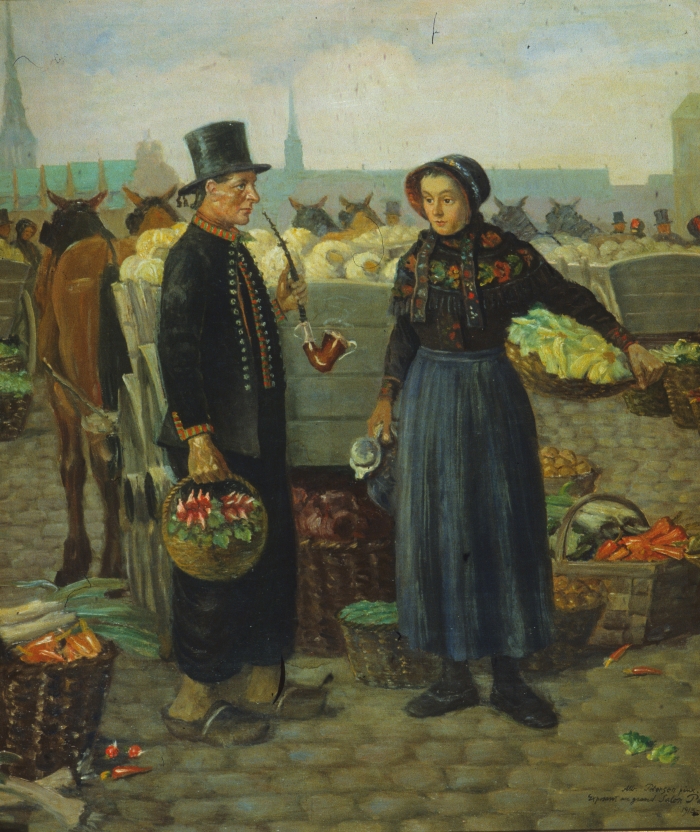Albert Petersens maleri af amagerbønder på torvet i København. Billedet er malet i begyndelsen af 1900-tallet. Tilhører Dragør Kommune.
