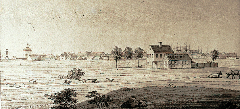 Elisenborg set fra vest med Dragør i baggrunden. Tegning udført af H. G. F. Holm, 1834 (Privateje)