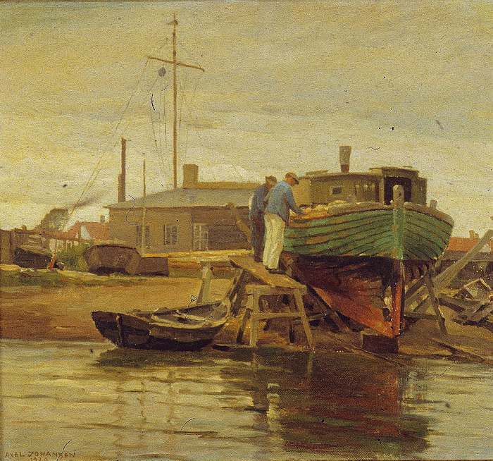 Axels Johansens maleri af en lodsbåd på bedding ved bådeværftet fra 1920. Billedet tilhører Dragør Kommune.