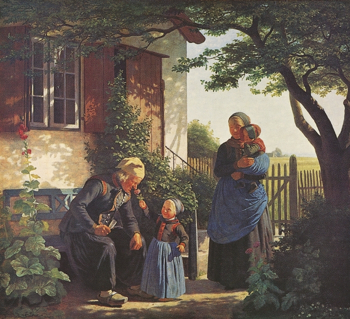 Julius Exners maleri "Amager-idyl" fra omkring 1855. Billedet har også titlen: "En lille pige lader en gammel mand lugte til en rose". Efter postkort. 