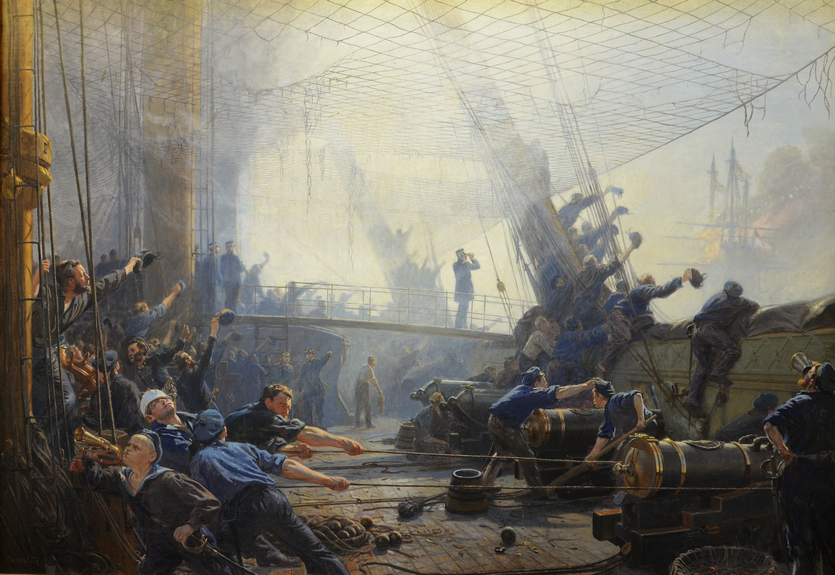 Christian Mølsted: Ombord i Fregatten Niels Juel under Slaget ved Helgoland 1864. Schwartzenberg brænder. C.a 1896. Tilhører Museum Amager. 